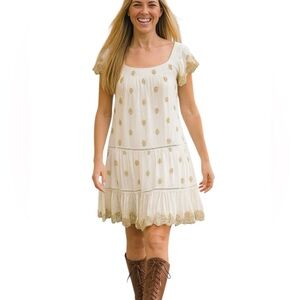 Muche & Muchette OS Dress Fairy Gold Metallic Embroidery Tiered Smocked Neck